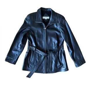 Valerie Stevens Medium Black Leather Jacket Coat Full Zip Belted Soft Lined